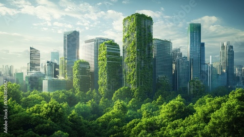 Futuristic sustainable green city, concept of city of the future based on green energy and eco industry, future city with skyscrapers and modern buildings.