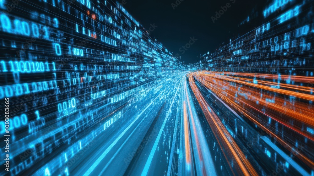 Generative AI : Digital data flow on road with motion blur to create vision of fast speed transfer Generative AI : Digital data flow on road with motion blur to create vision of fast speed transfer