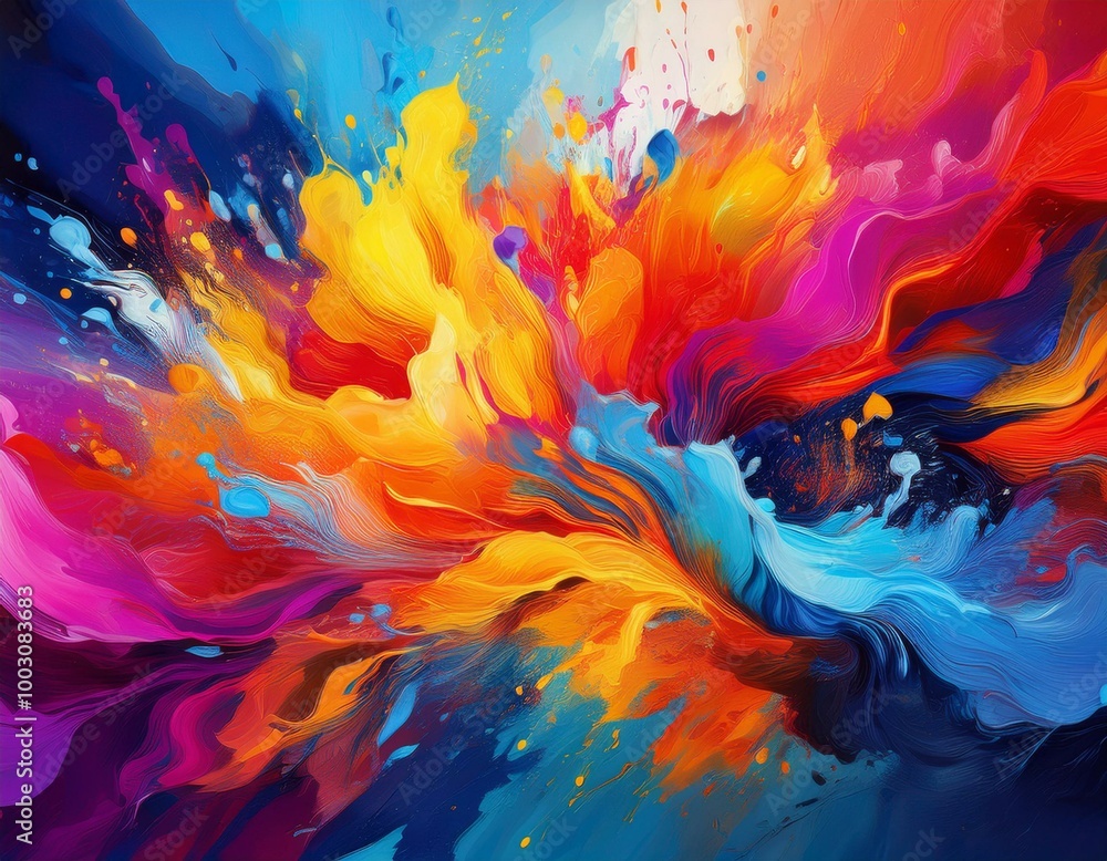 A dynamic splash of bright paint colors bursting on a canvas, capturing the essence of creativity and spontaneity in an abstract art form A dynamic splash of bright paint colors bursting on a canvas, capturing the essence of creativity and spontaneity in an abstract art form