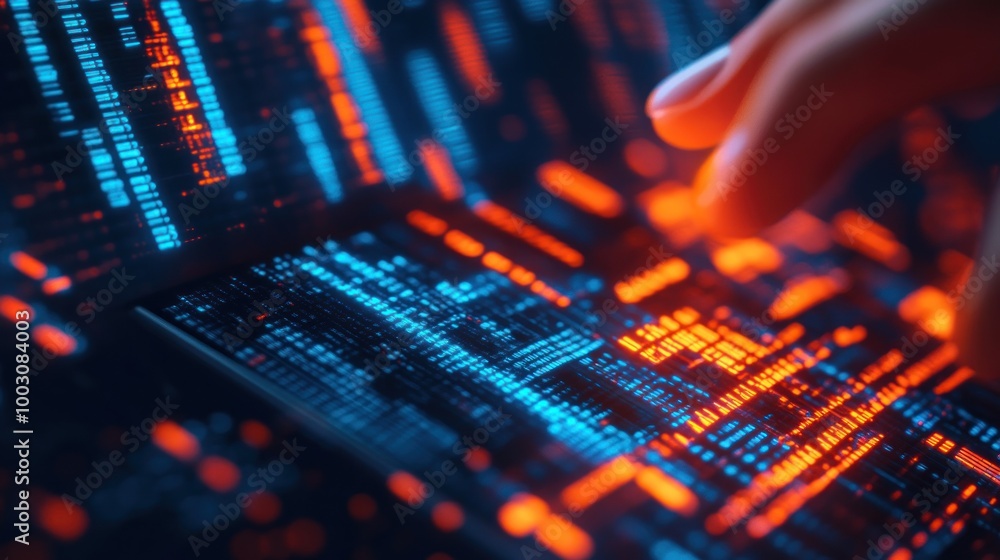 A close-up of a hand interacting with a digital interface displaying data patterns. A close-up of a hand interacting with a digital interface displaying data patterns.