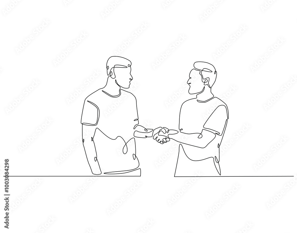 Continuous one line drawing of two man shaking hands. One line drawing illustration of national non violence day. Handshake, support, concept line art. Editable outline Continuous one line drawing of two man shaking hands. One line drawing illustration of national non violence day. Handshake, support, concept line art. Editable outline