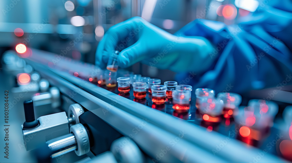 Pharmist hands in gloves on vials production line on conveyor belt in pharmaceuticals industry 