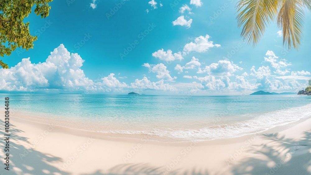 Fototapeta premium beach with trees under a blue sky and soft clouds, showcasing the beauty of the ocean and sandy shore, perfect for a relaxing summer vacation