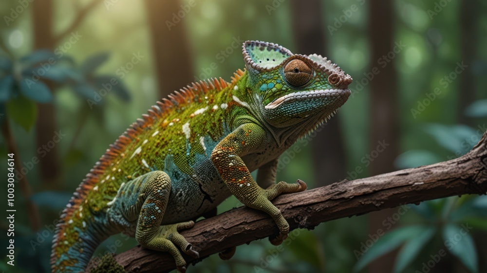 Obraz premium realistic illustration of a green chameleon on the branch of tree
