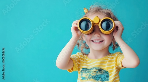 Happy child with Binoculars on blue background, Look to future concept.