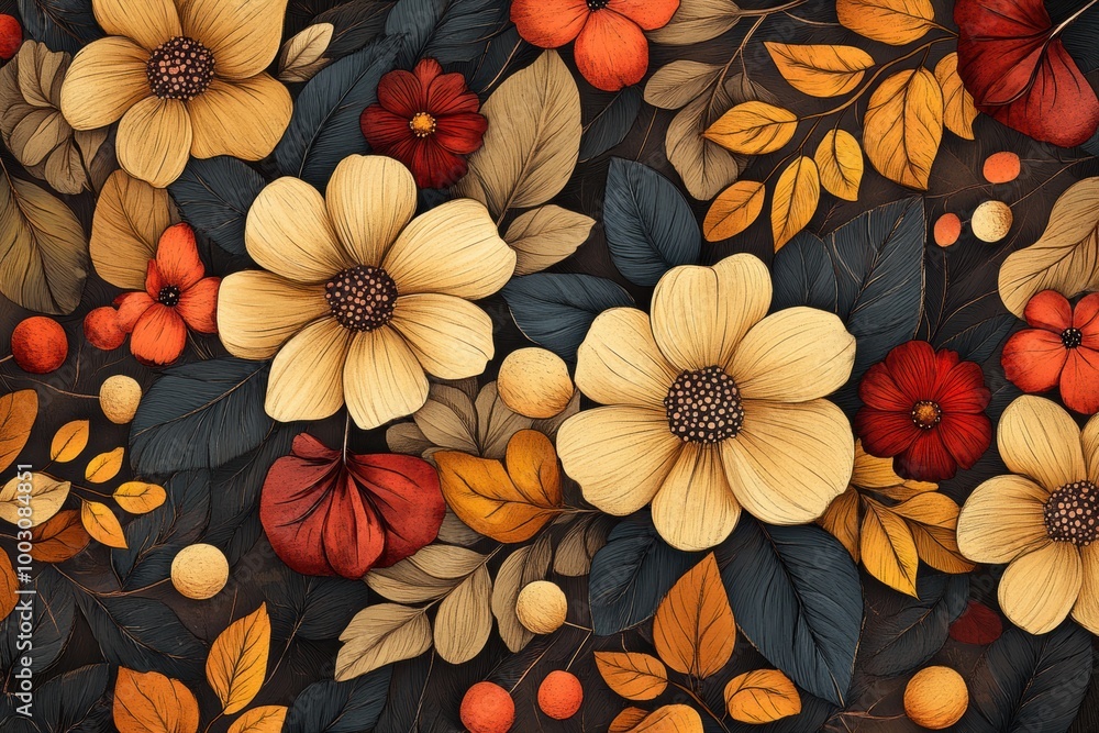 Fototapeta premium nature-inspired illustration, elegant floral doodle art with autumn vibes and earthy colors, perfect to enhance your creative projects and bring nature inside