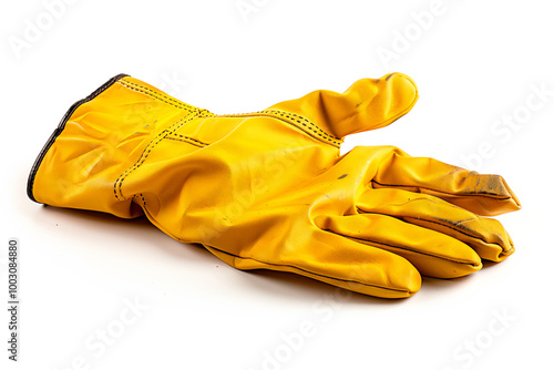 Pair of bright yellow leather safety gloves isolated on white background. Concept of cleaning, hygiene, and protection