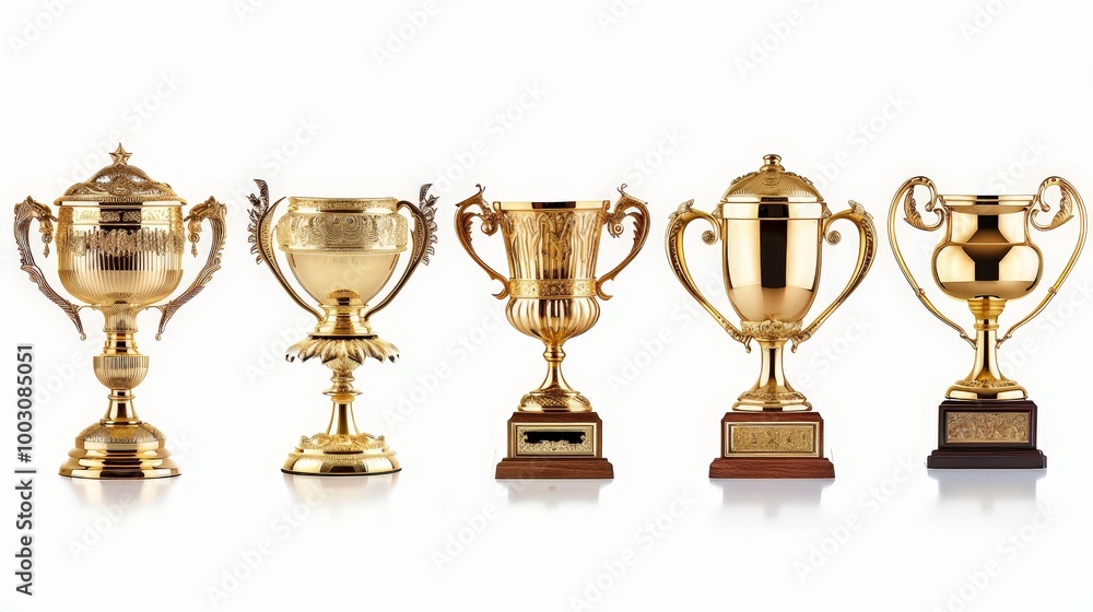 Five Golden Trophies on White Background Five Golden Trophies on White Background