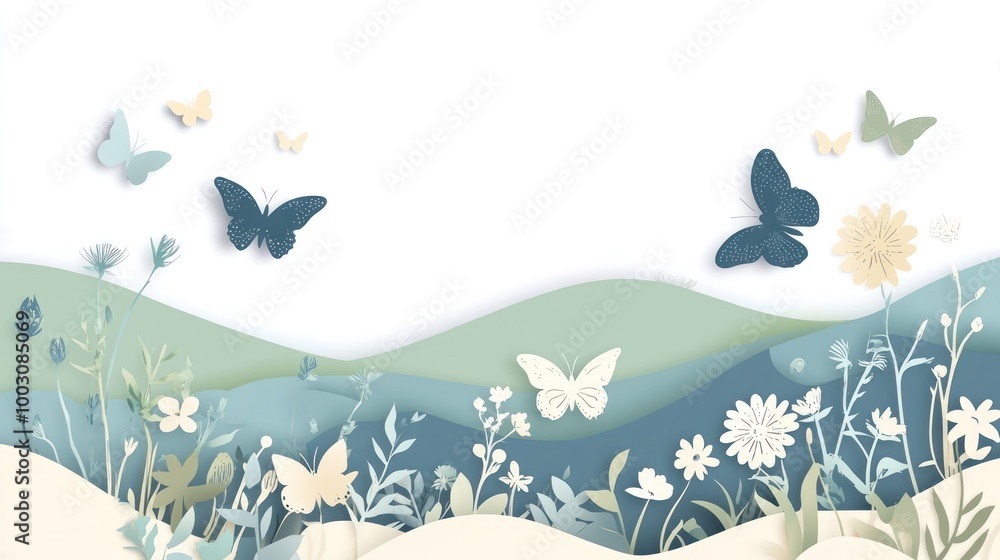 Obraz premium A serene paper-cut style landscape featuring butterflies and flowers in soft pastel colors.
