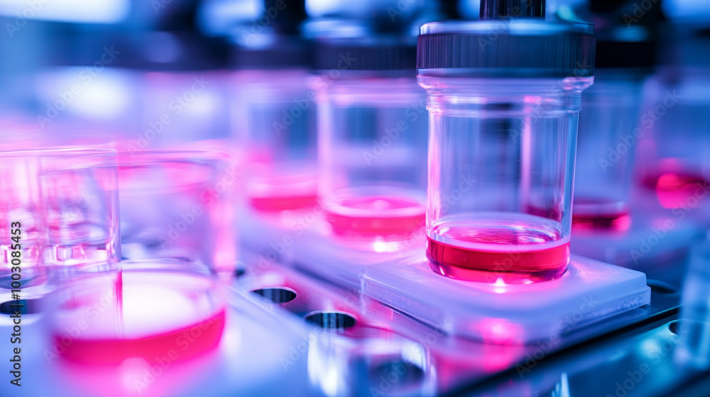 Laboratory equipment with glass containers filled with pink liquid, illuminated by vibrant lighting, showcases modern scientific environment. atmosphere is focused on research and experimentation Laboratory equipment with glass containers filled with pink liquid, illuminated by vibrant lighting, showcases modern scientific environment. atmosphere is focused on research and experimentation