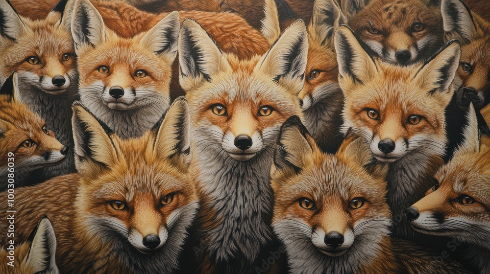 Fototapeta premium Kaleidoscope of Foxes: A Vivid Gathering