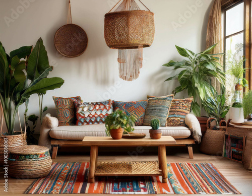 A bohemian-style living room with a mix of patterned rugs, a low-slung sofa with vibrant cus photo