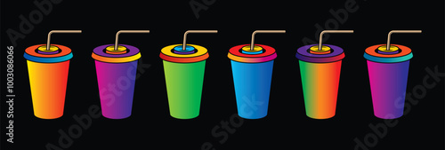 Fast food plastic cup with straw. Hot or cold drink. Original vector illustration in vintage style.