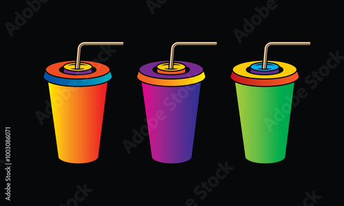 Fast food plastic cup with straw. Hot or cold drink. Original vector illustration in vintage style.