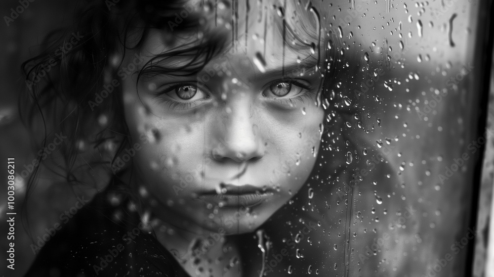 A black and white photograph of a little girl through a frosted glass, her face full of tears and sad eyes, fog and water droplets on the glass. A black and white photograph of a little girl through a frosted glass, her face full of tears and sad eyes, fog and water droplets on the glass.