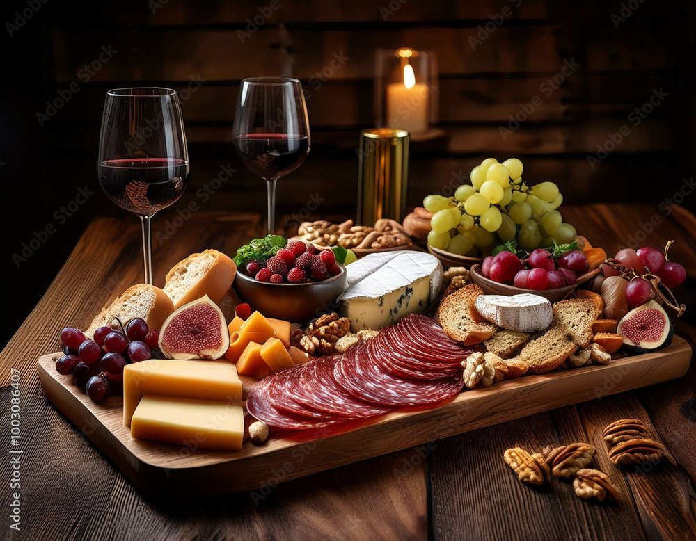 A beautifully arranged charcuterie board on a rustic wooden table, filled with a variety of A beautifully arranged charcuterie board on a rustic wooden table, filled with a variety of