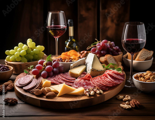 A beautifully arranged charcuterie board on a rustic wooden table, filled with a variety of photo