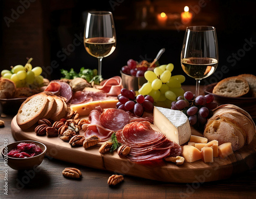 A beautifully arranged charcuterie board on a rustic wooden table, filled with a variety of