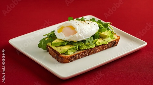 Arugula and avocado toast with poached egg, displayed on a clean white plate against a contrasting deep red background