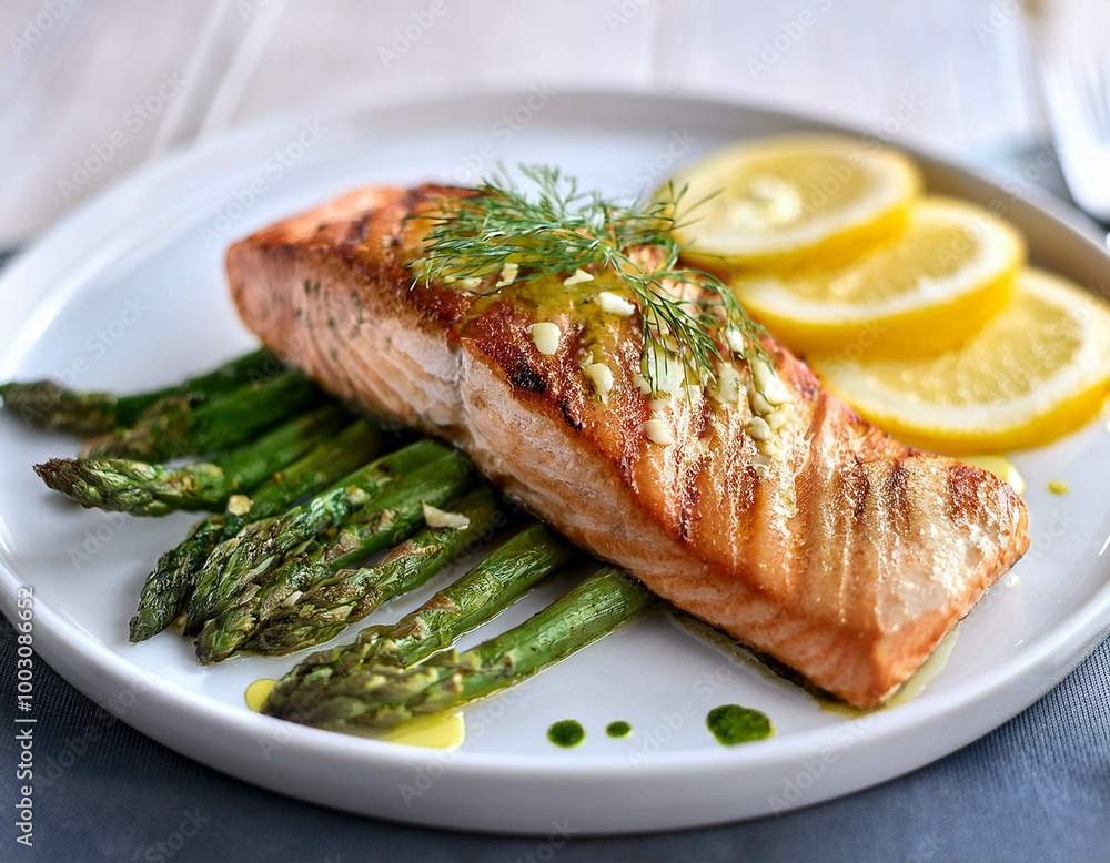 A beautifully plated seafood dish featuring grilled salmon, asparagus, and lemon wedges. The A beautifully plated seafood dish featuring grilled salmon, asparagus, and lemon wedges. The