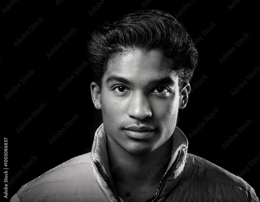 Obraz premium A black-and-white portrait of a young man with strong facial features and textured hair, cap