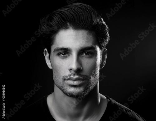 A black-and-white portrait of a young man with strong facial features and textured hair, cap