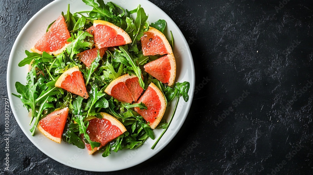 Arugula and grapefruit salad with honey mustard dressing, placed on a modern white plate against a dark charcoal background Arugula and grapefruit salad with honey mustard dressing, placed on a modern white plate against a dark charcoal background