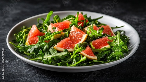 Arugula and grapefruit salad with honey mustard dressing, placed on a modern white plate against a dark charcoal background