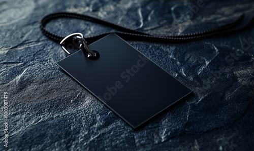 A close-up of a blank black name tag attached to a lanyard, placed on a dark textured surface, representing identification and professionalism.


