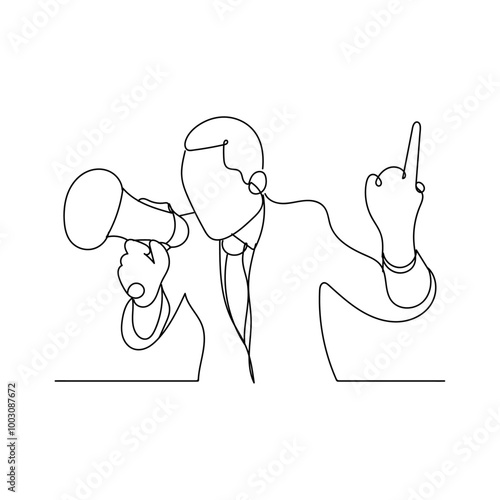 Dessin en ligne continue d'un homme criant dans un haut parleur, line art, vecteur