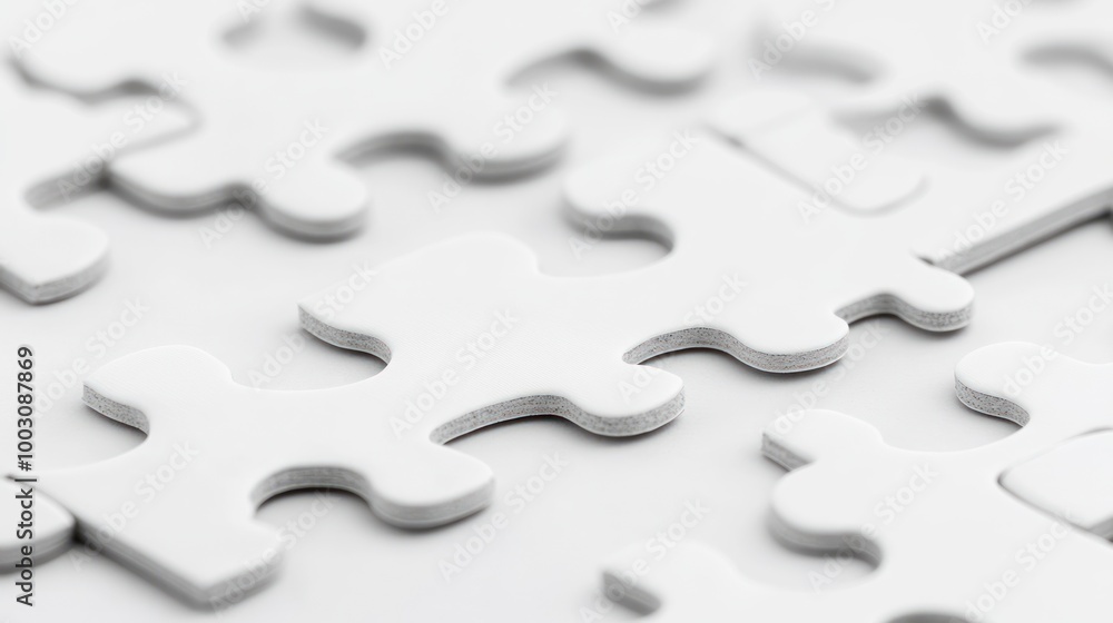 A close-up of white jigsaw puzzle pieces arranged on a surface. A close-up of white jigsaw puzzle pieces arranged on a surface.