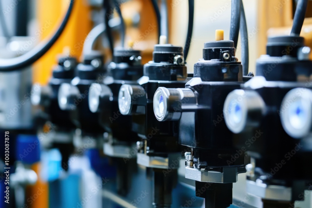 Naklejka premium Close up view of industrial control valves in a manufacturing facility with focused details on the mechanisms and gauges
