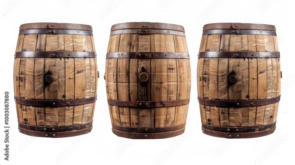 Obraz premium Three Wooden Barrels Isolated On White