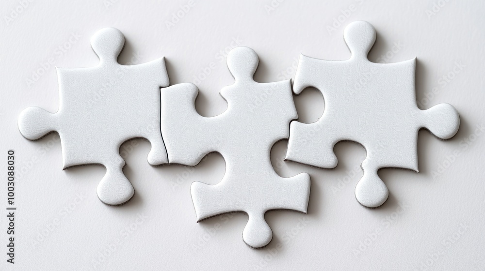 Obraz premium Three interlocking white puzzle pieces on a plain background.
