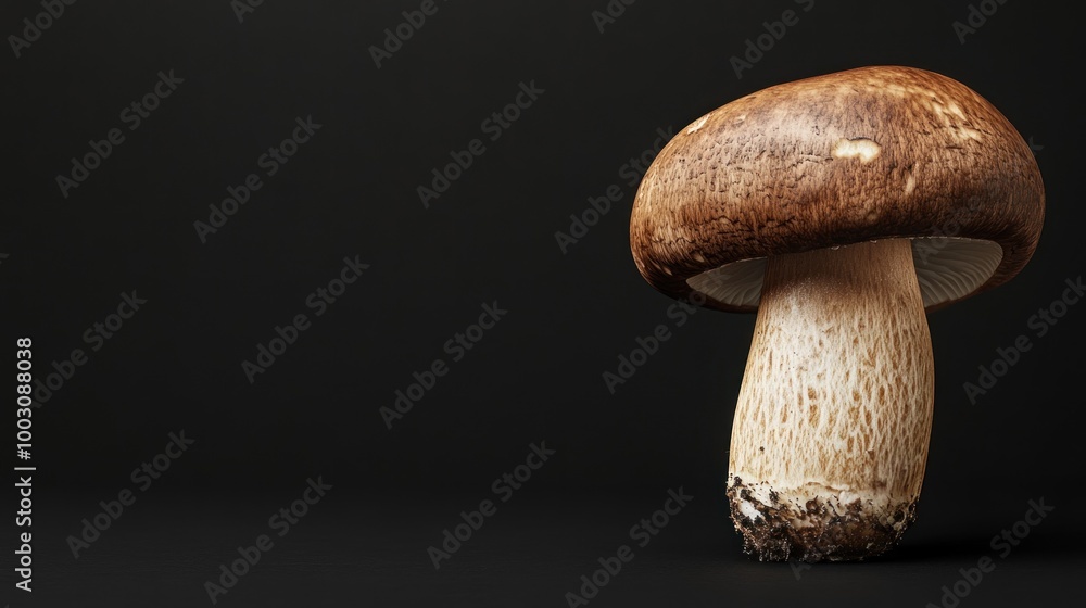 A close-up of a brown mushroom against a black background, highlighting its texture and form.