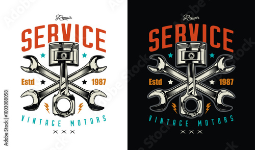 Poster with piston and wrenches. Original vector illustration in vintage style isolated on black background. T-shirt design.