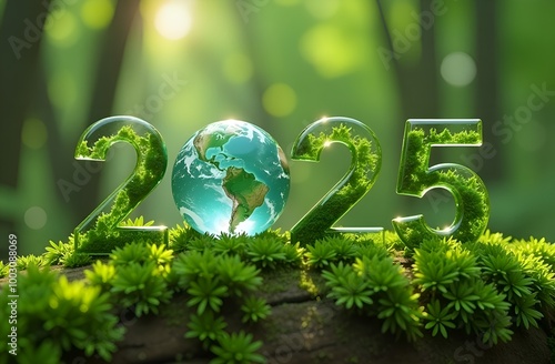 Image with numbers 2025 in the form of green numbers with planet earth on the background of a blurred forest with sun rays. Ecology concept photo