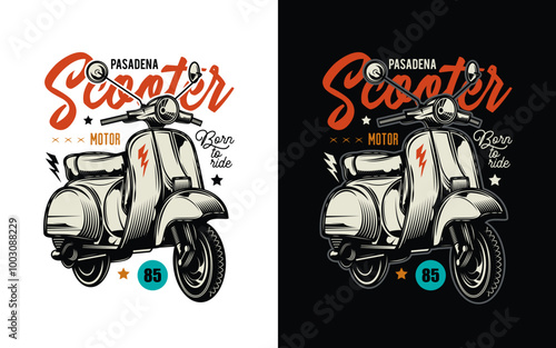 Classic old scooter. Original vector illustration in vintage style. T-shirt design.