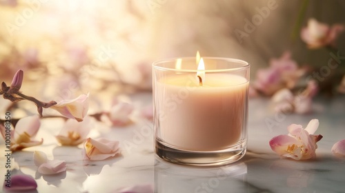 Candle surrounded by cherry blossoms on marble