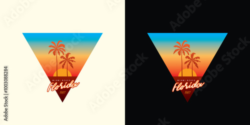 Original vector retro print. Palm trees on sunset background. T-shirt design.