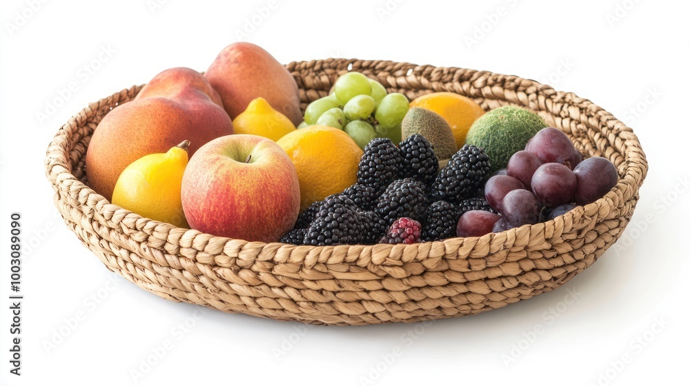 A woven basket filled with various fresh fruits, showcasing vibrant colors and textures. A woven basket filled with various fresh fruits, showcasing vibrant colors and textures.