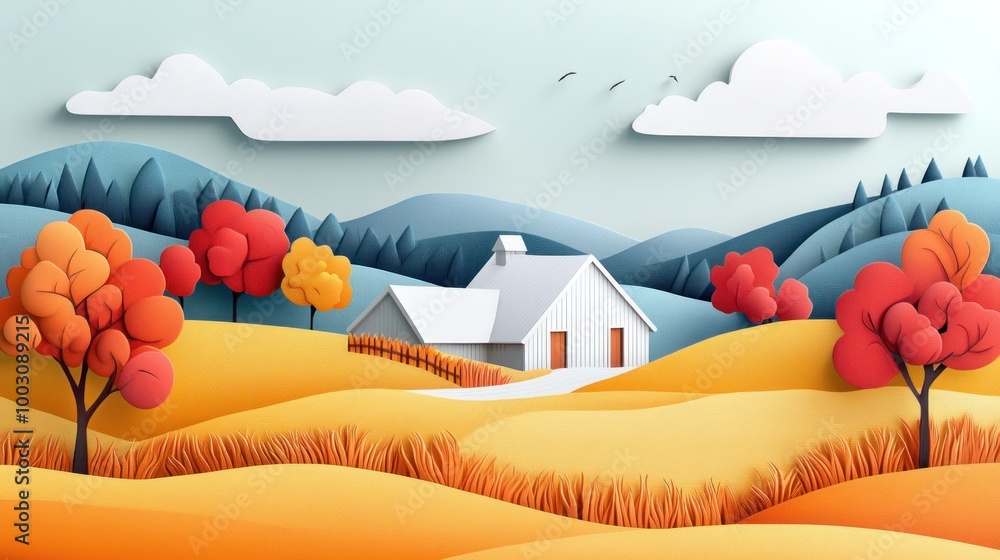 Naklejka premium A colorful paper-cut landscape featuring a house, trees, and rolling hills.