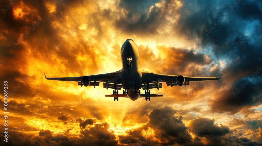 An airplane soaring through a dramatic sunset sky, symbolizing travel and adventure. An airplane soaring through a dramatic sunset sky, symbolizing travel and adventure.