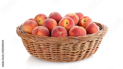 A woven basket filled with ripe, juicy peaches, showcasing fresh produce.