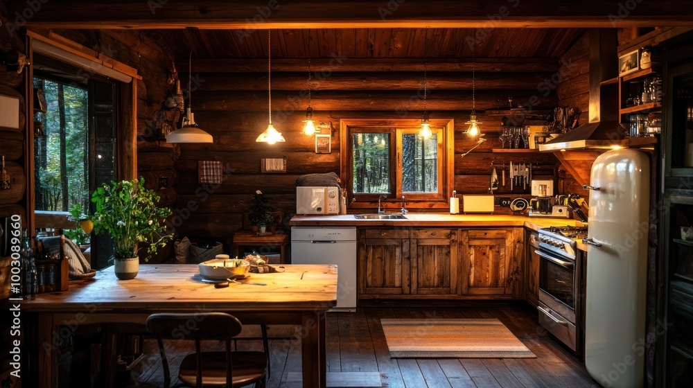 Cozy wooden kitchen with rustic decor and warm lighting. Cozy wooden kitchen with rustic decor and warm lighting.