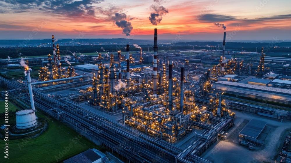 Fototapeta premium Industrial complex with smokestacks and illuminated structures at sunset.