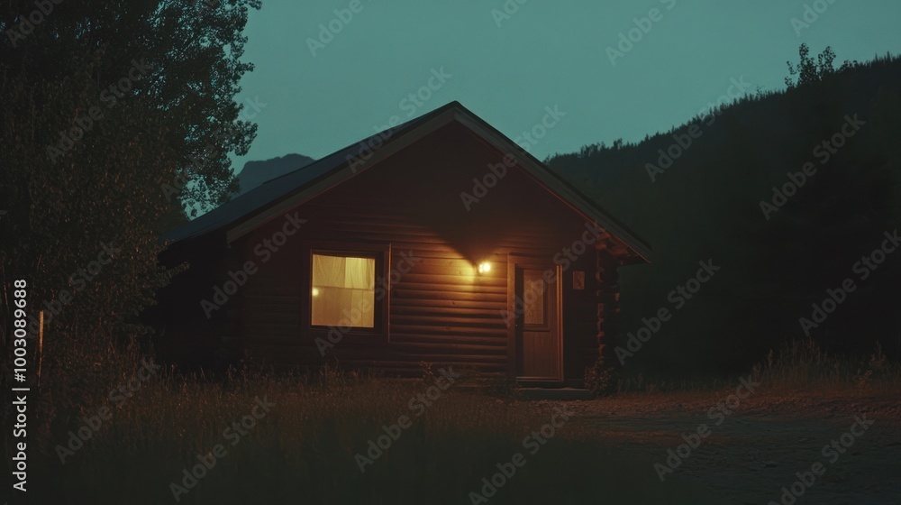A cozy cabin illuminated at dusk, surrounded by nature and mountains. A cozy cabin illuminated at dusk, surrounded by nature and mountains.