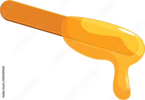 Wooden honey stick is covered in dripping golden honey, ready to be enjoyed
