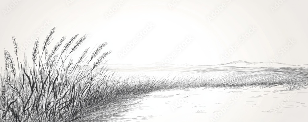 Fototapeta premium Sketch of serene landscape with grass and