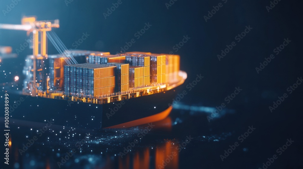 Obraz premium A detailed rendering of a cargo ship loaded with containers, set against a dark background.